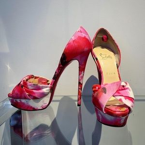 Christian Louboutin floral high heels. Size 38  1/2.  Pink popi fabric volpi